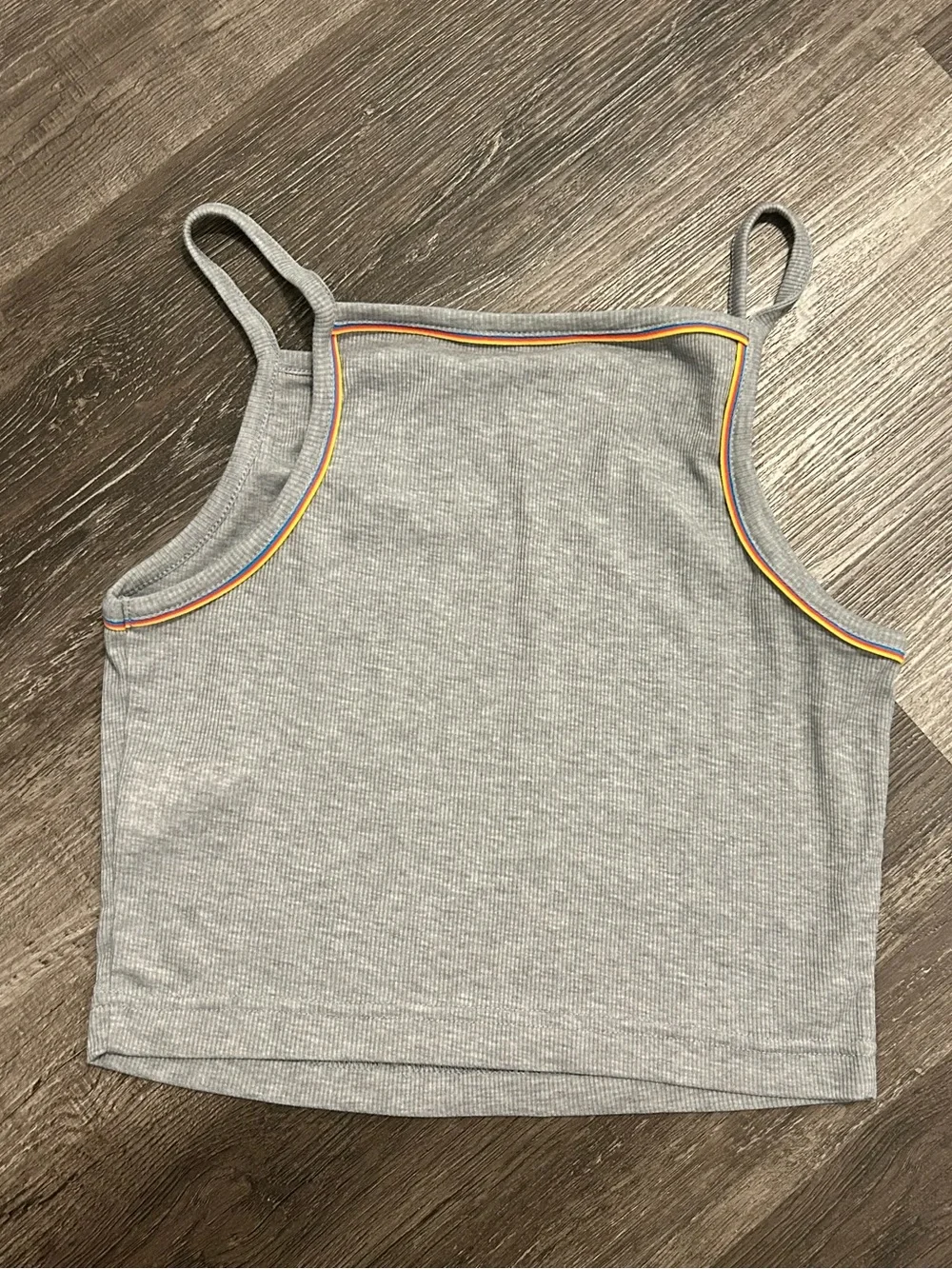 sold. Nike Gray Ribbed Dri-FIT Tank with Rainbow Trim